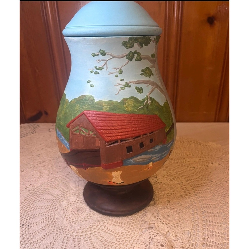 Hand Painted Country Landscape Ceramic Canister Covered Bridge Barn Folk Art Jar